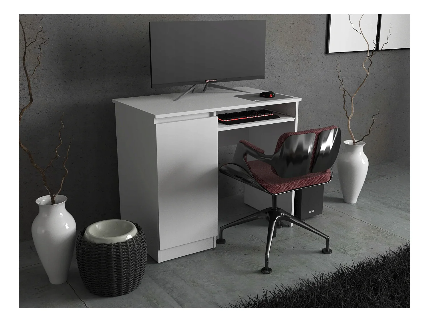 Bureau Gaming Blanc  Mat 90 cm avec 2 Étagères