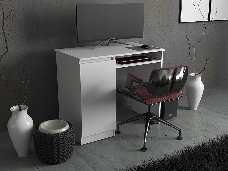 Bureau Gaming Blanc  Mat 90 cm avec 2 Étagères