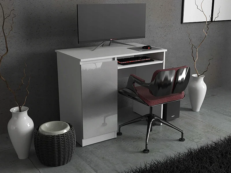 Bureau Gaming Blanc Brillant 90 cm avec 2 Étagères