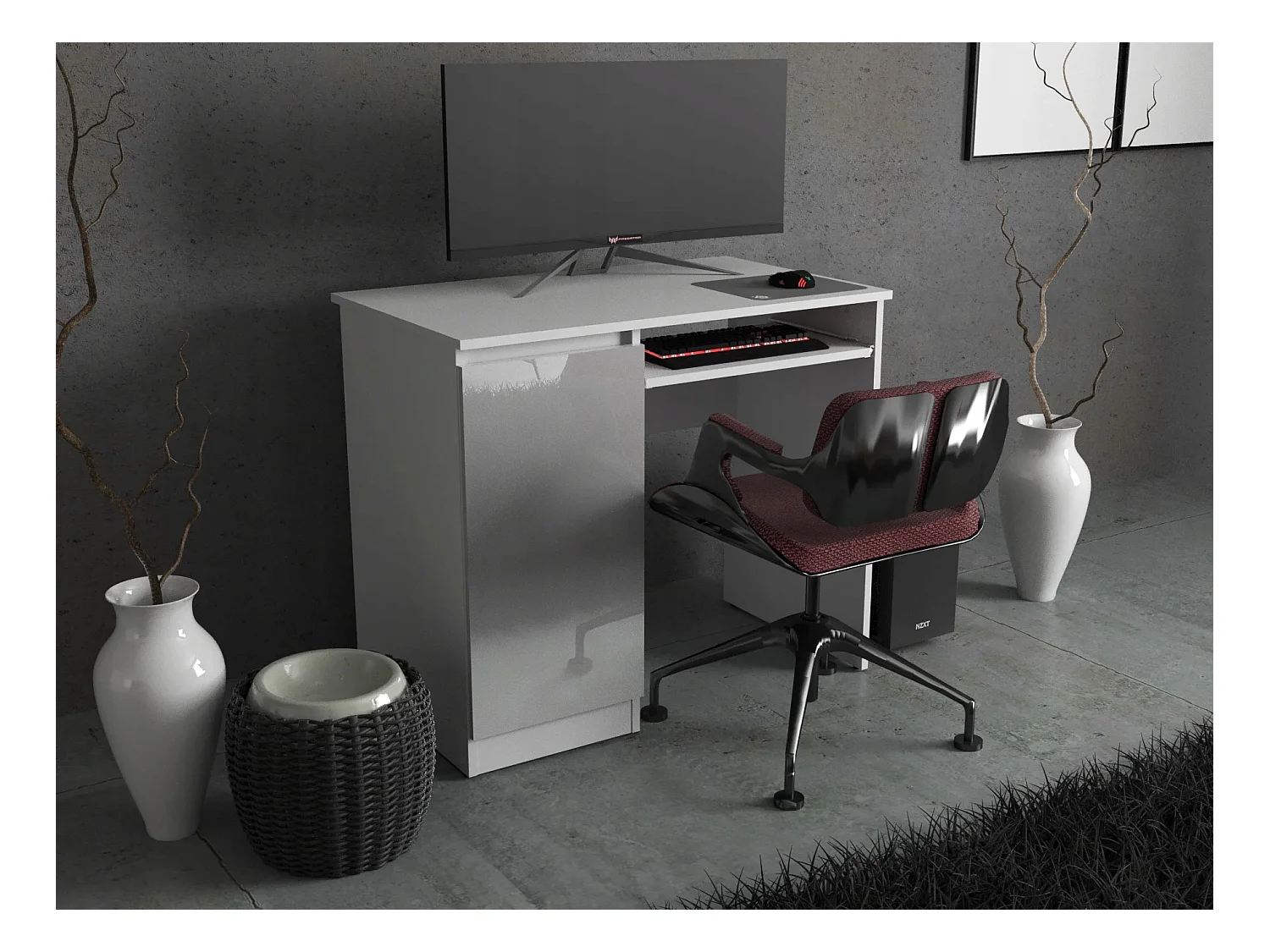 Bureau Gaming Blanc Brillant 90 cm avec 2 Étagères