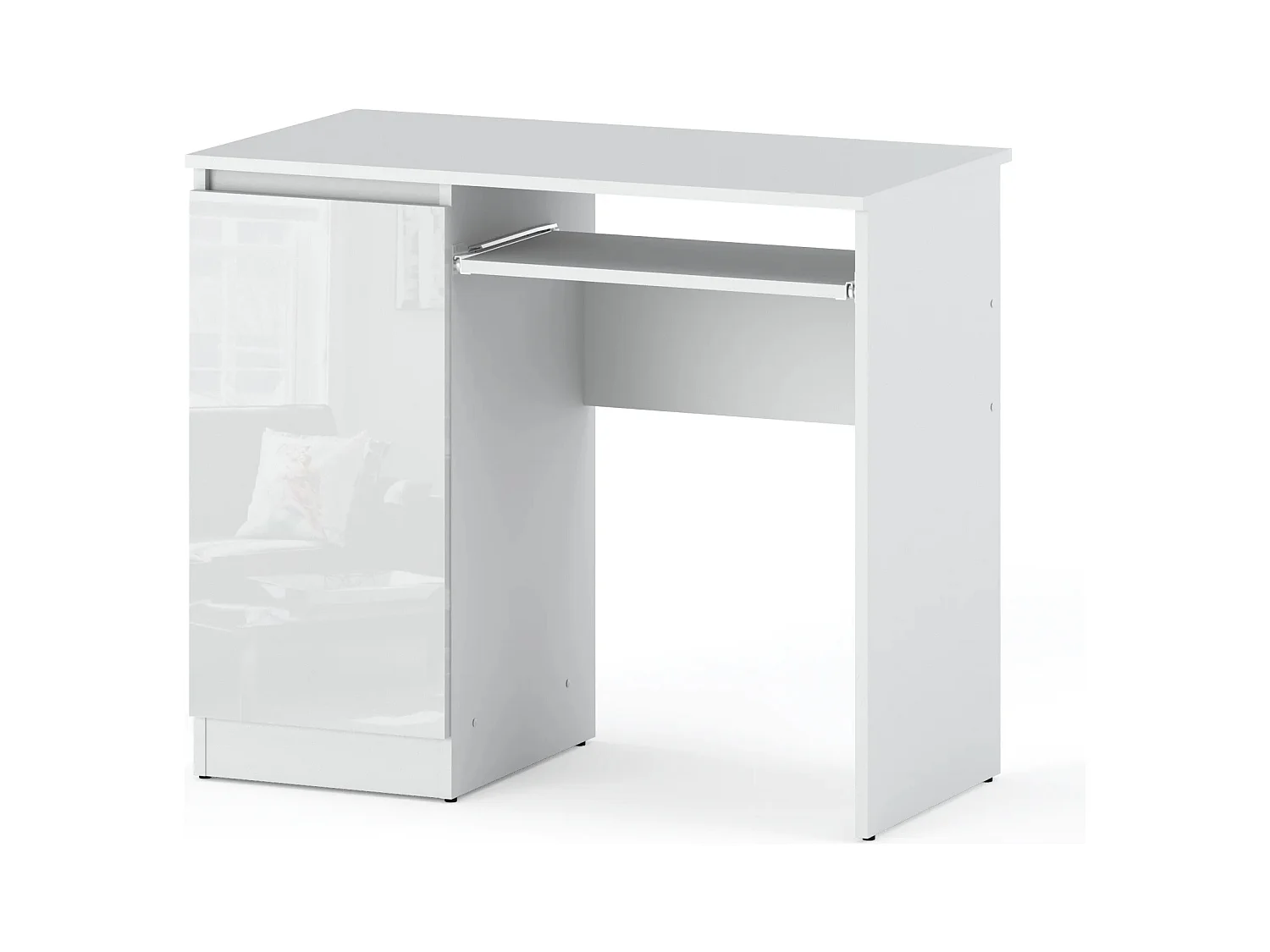 Bureau Gaming Blanc Brillant 90 cm avec 2 Étagères