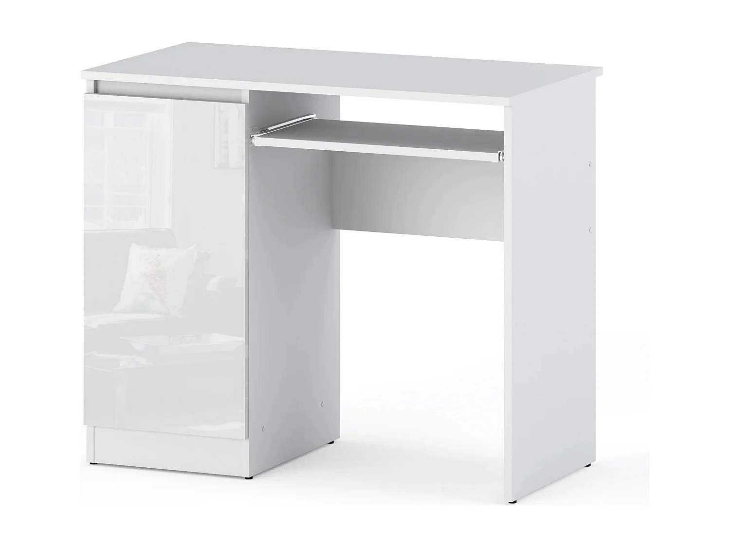 Bureau Gaming Blanc Brillant 90 cm avec 2 Étagères