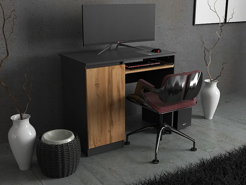 Bureau Gaming  Gris + Chêne Wotan 90 cm avec 2 Étagères