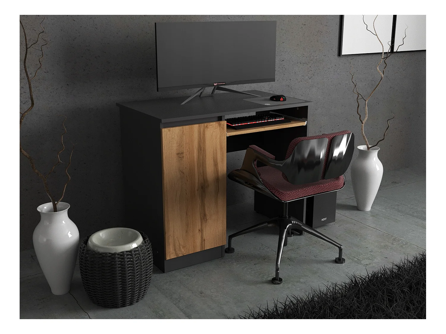 Bureau Gaming  Gris + Chêne Wotan 90 cm avec 2 Étagères