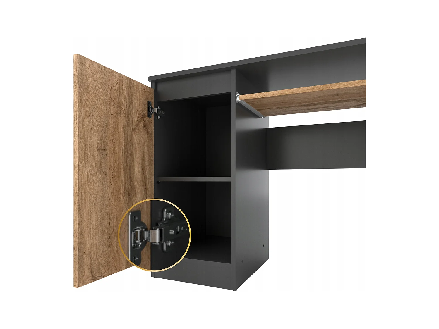 Bureau Gaming  Gris + Chêne Wotan 90 cm avec 2 Étagères