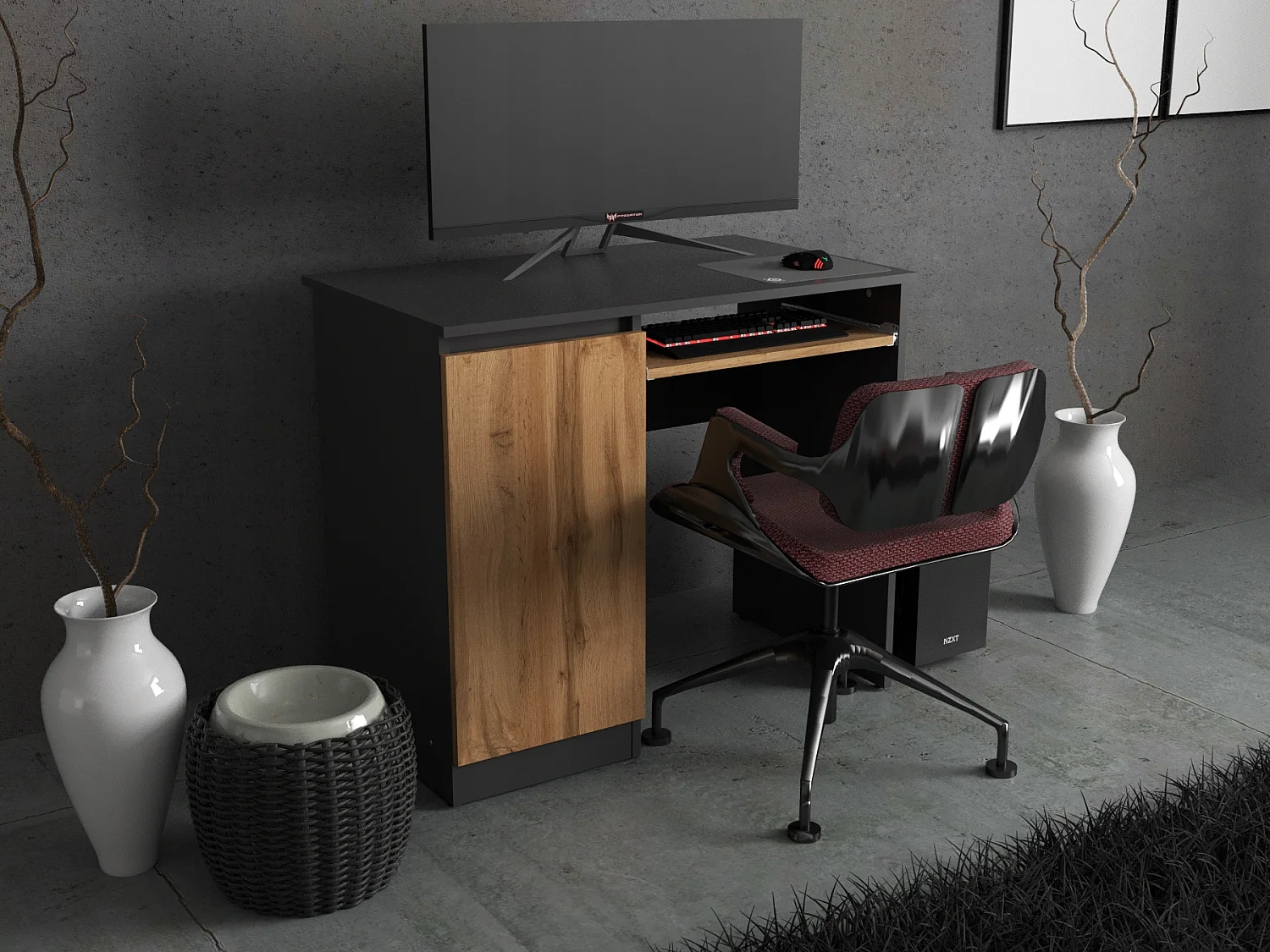 Bureau Gaming  Gris + Chêne Wotan 90 cm avec 2 Étagères