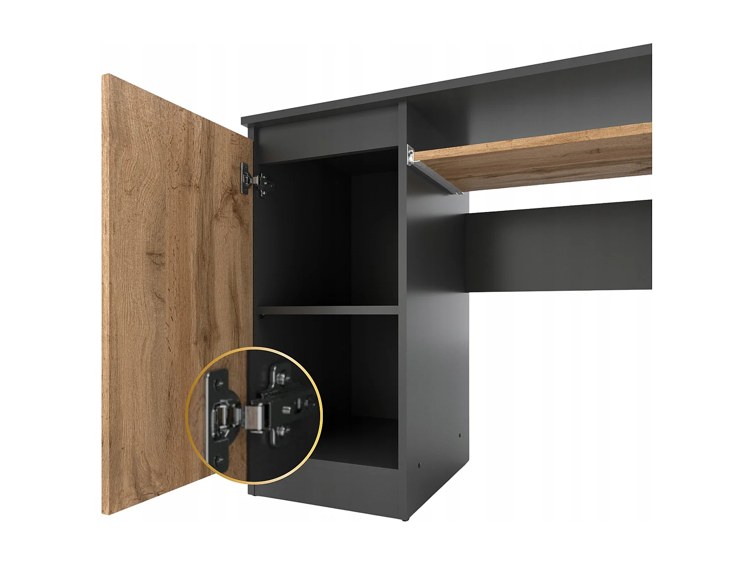 Bureau Gaming  Gris + Chêne Wotan 90 cm avec 2 Étagères