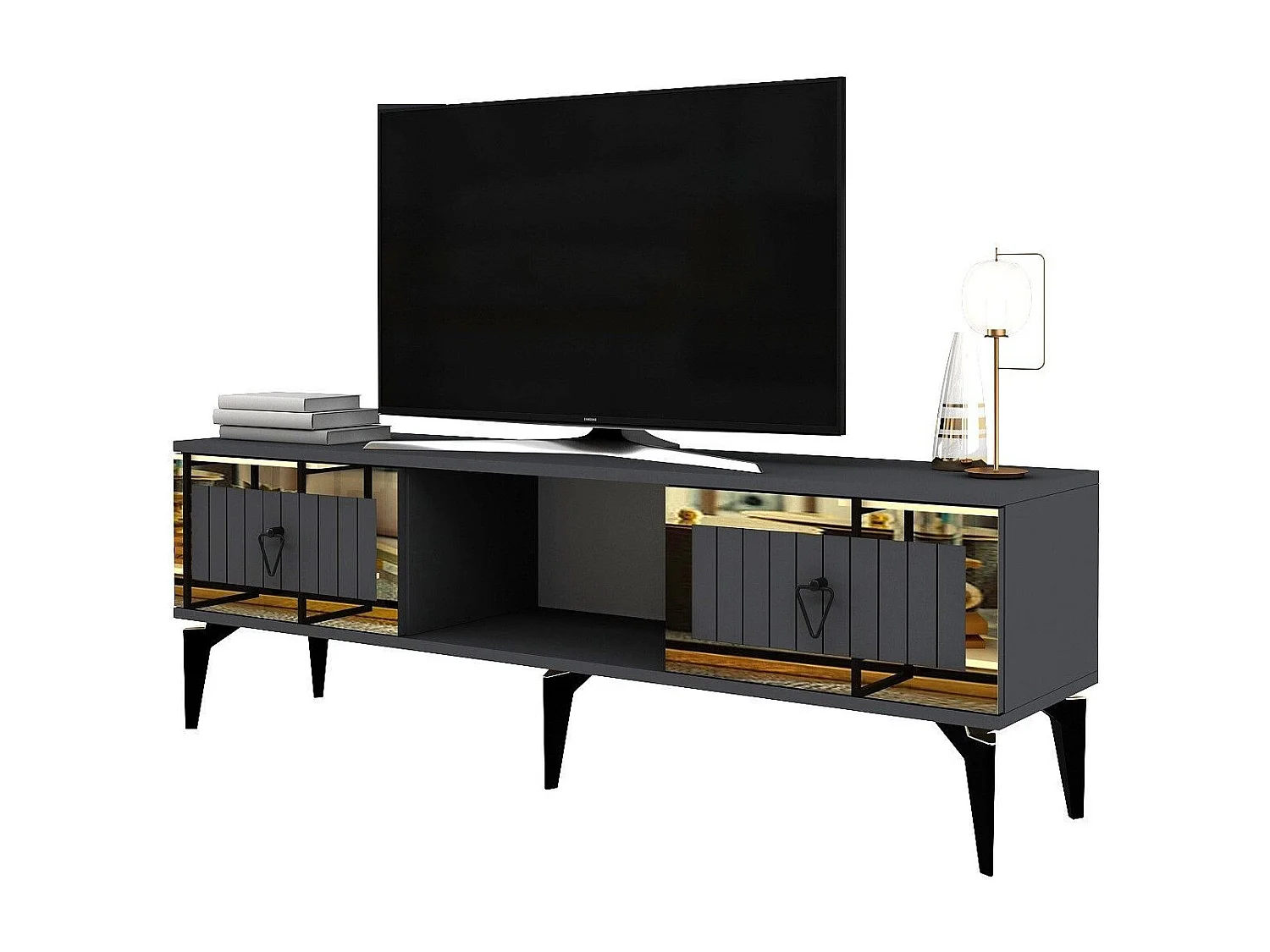 Meuble Tv design 2 portes basculantes Sevilo L150cm Anthracite et Or