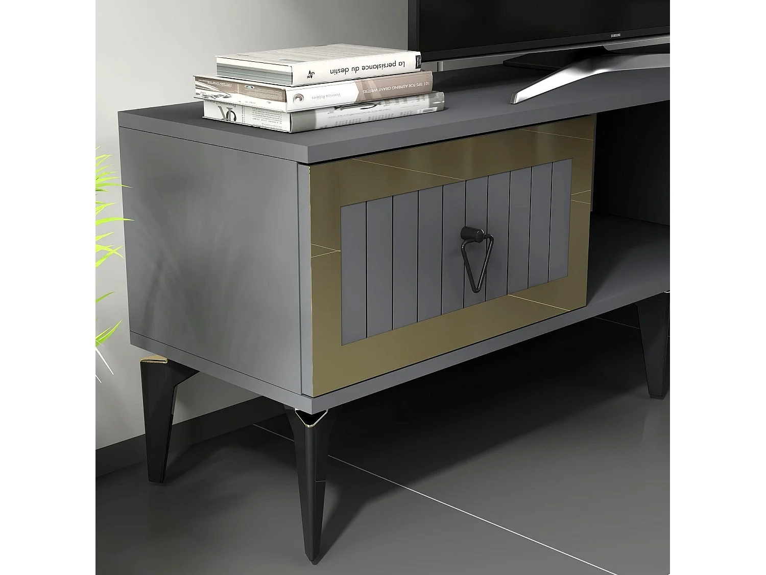 Meuble Tv design 2 portes basculantes Sevilo L150cm Anthracite et Or