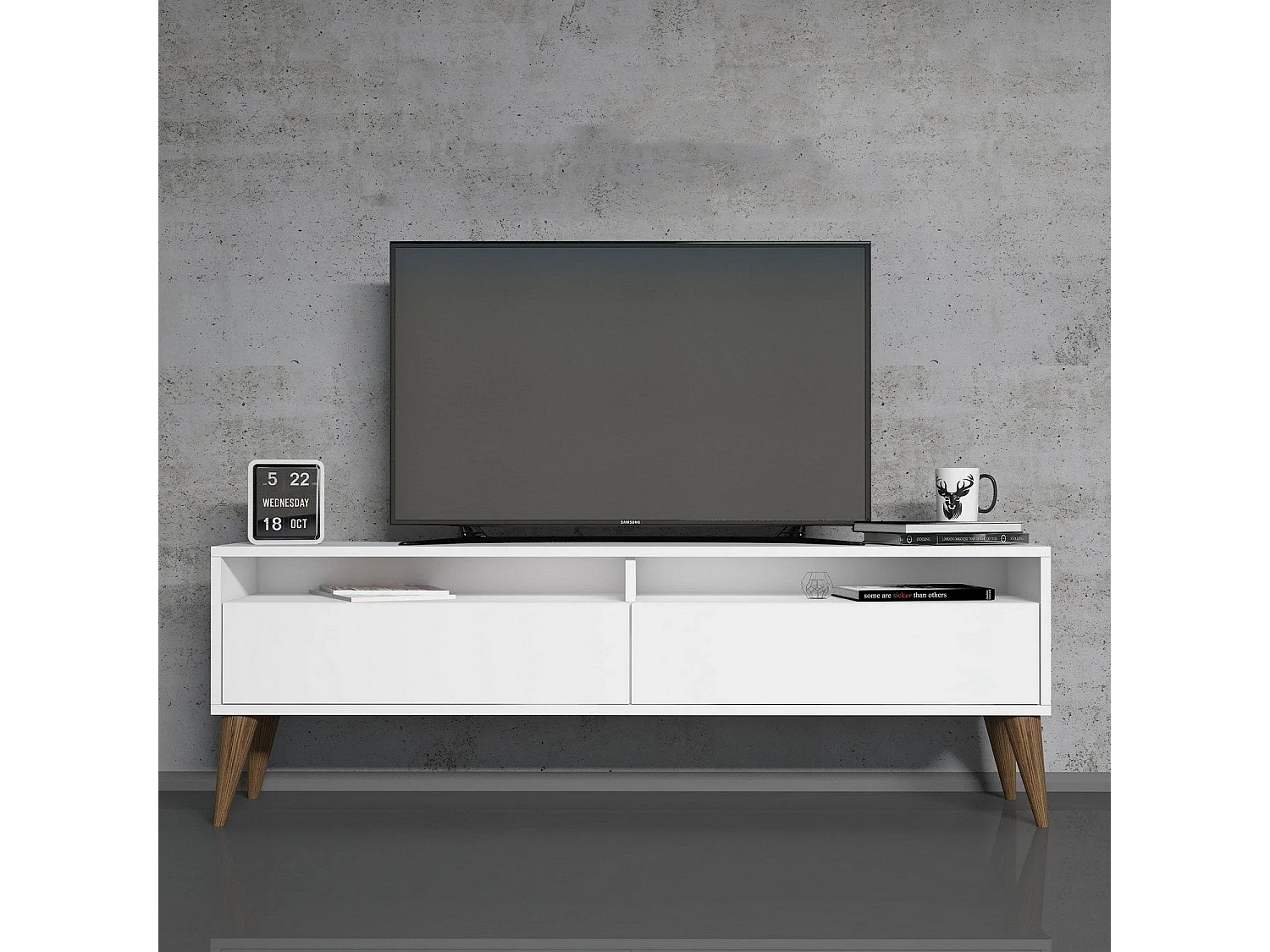 Meuble TV moderne – 150 cm de large, 30 cm de haut, 50 cm de profondeur – Blanc – Panneau de particules mélaminé