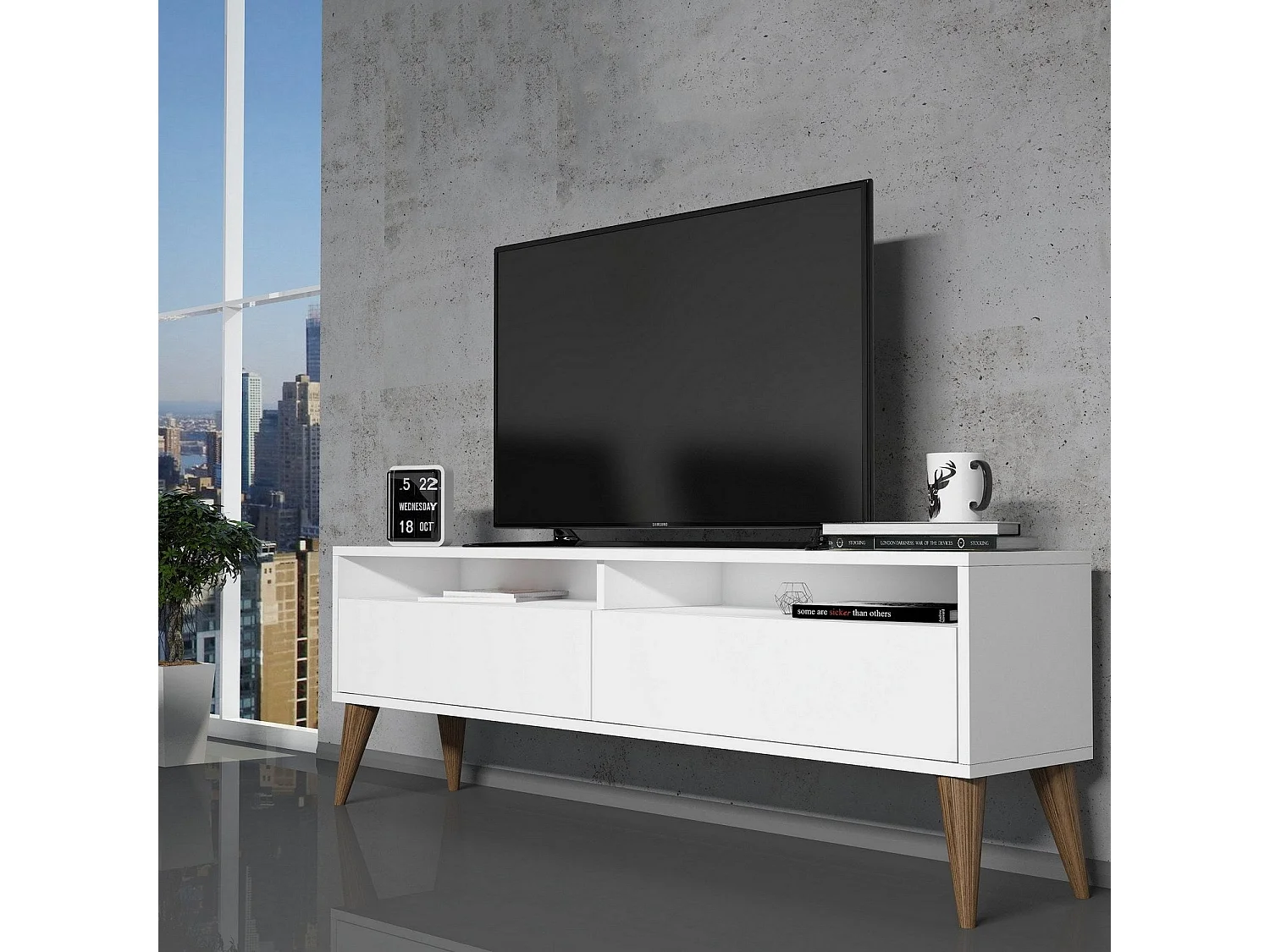 Meuble TV moderne – 150 cm de large, 30 cm de haut, 50 cm de profondeur – Blanc – Panneau de particules mélaminé