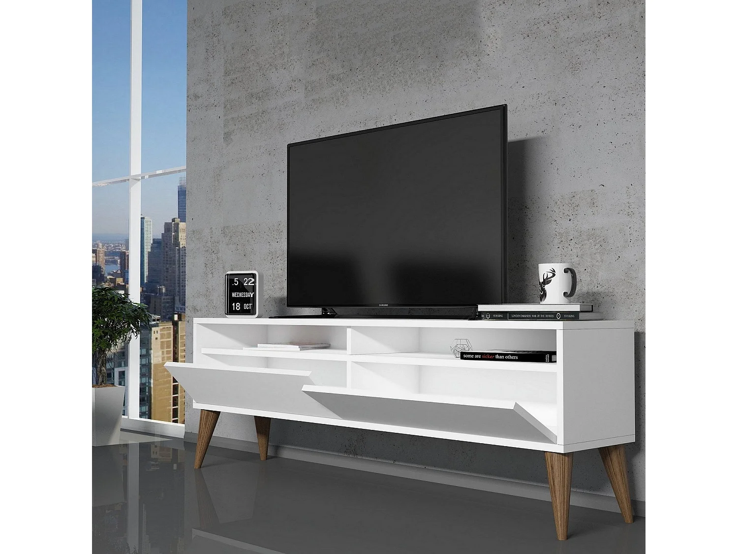 Meuble TV moderne – 150 cm de large, 30 cm de haut, 50 cm de profondeur – Blanc – Panneau de particules mélaminé