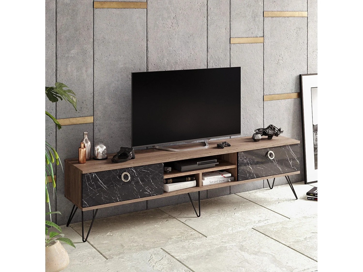 Meuble TV Ancara L180cm Bois foncé et Noir effet marbre