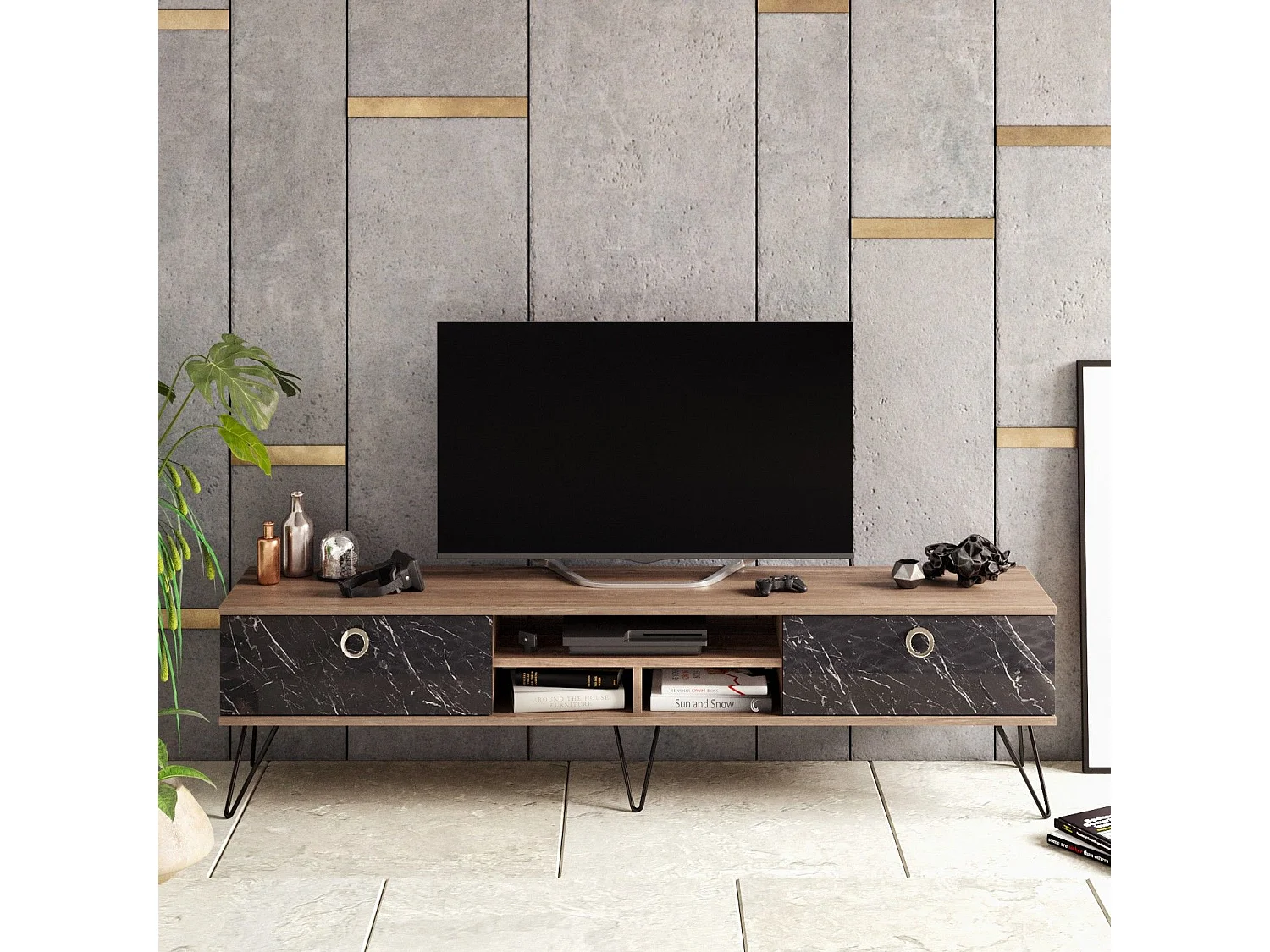 Meuble TV Ancara L180cm Bois foncé et Noir effet marbre