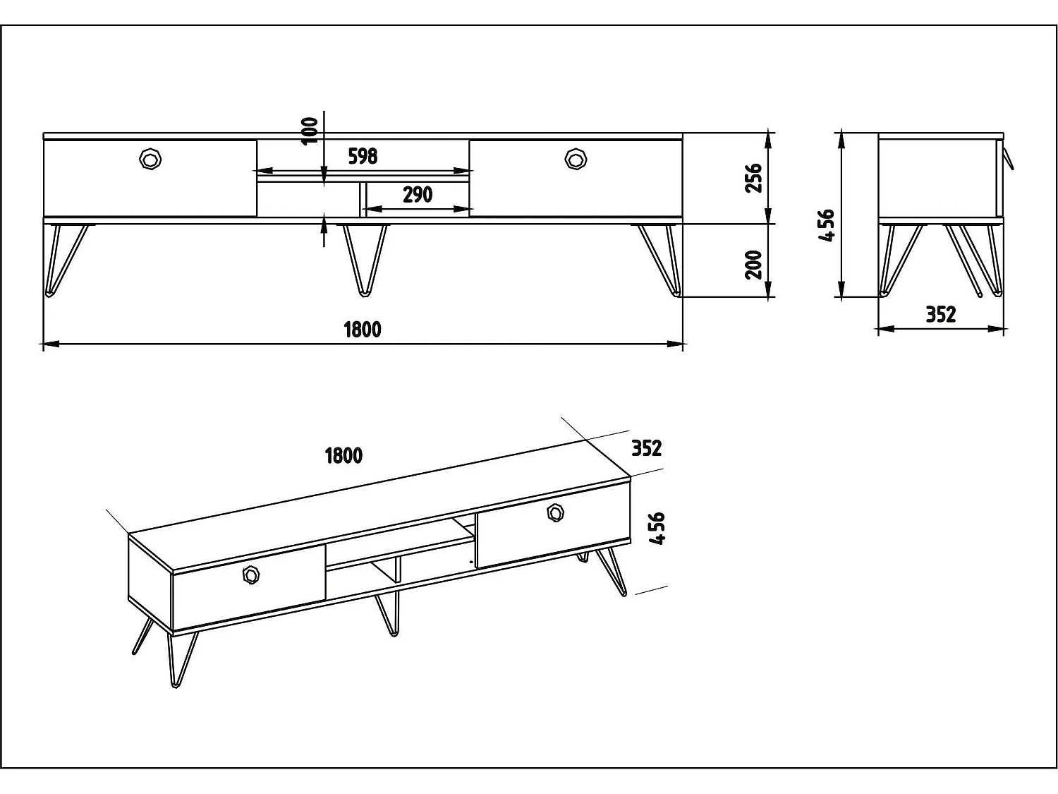 Meuble TV Ancara L180cm Bois foncé et Noir effet marbre