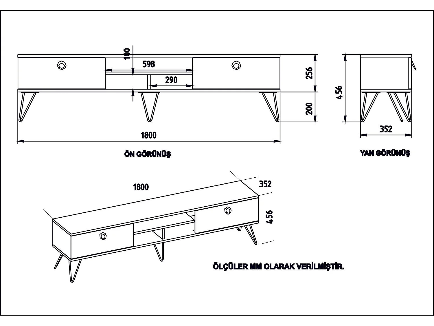 Meuble TV Ancara L180cm Bois foncé et Noir effet marbre