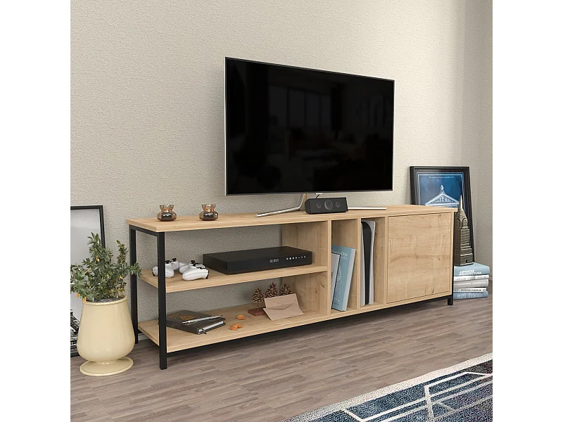 Industriële tv-standaard, zwart en eiken, 140 cm x 35,3 cm x 50,8 cm | 100% melamine spaanplaat, 18 mm dik | Stijlvol en duurzaam voor moderne woonkamers