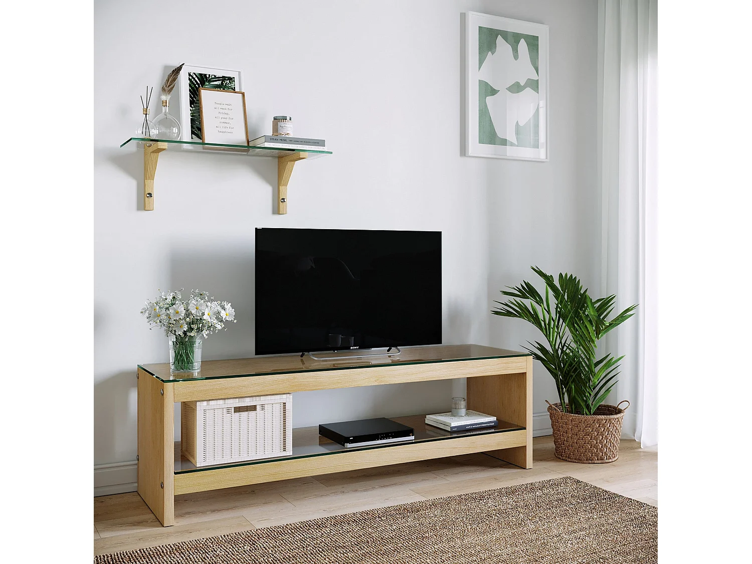 Moderne eikenhouten tv-kast met wandplank, 100% massief grenenhout en gehard glas, 140x45x40 cm | Elegant Scandinavisch design, maximaal gewicht 20 kg