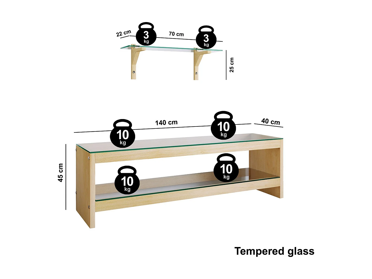 Moderne eikenhouten tv-kast met wandplank, 100% massief grenenhout en gehard glas, 140x45x40 cm | Elegant Scandinavisch design, maximaal gewicht 20 kg
