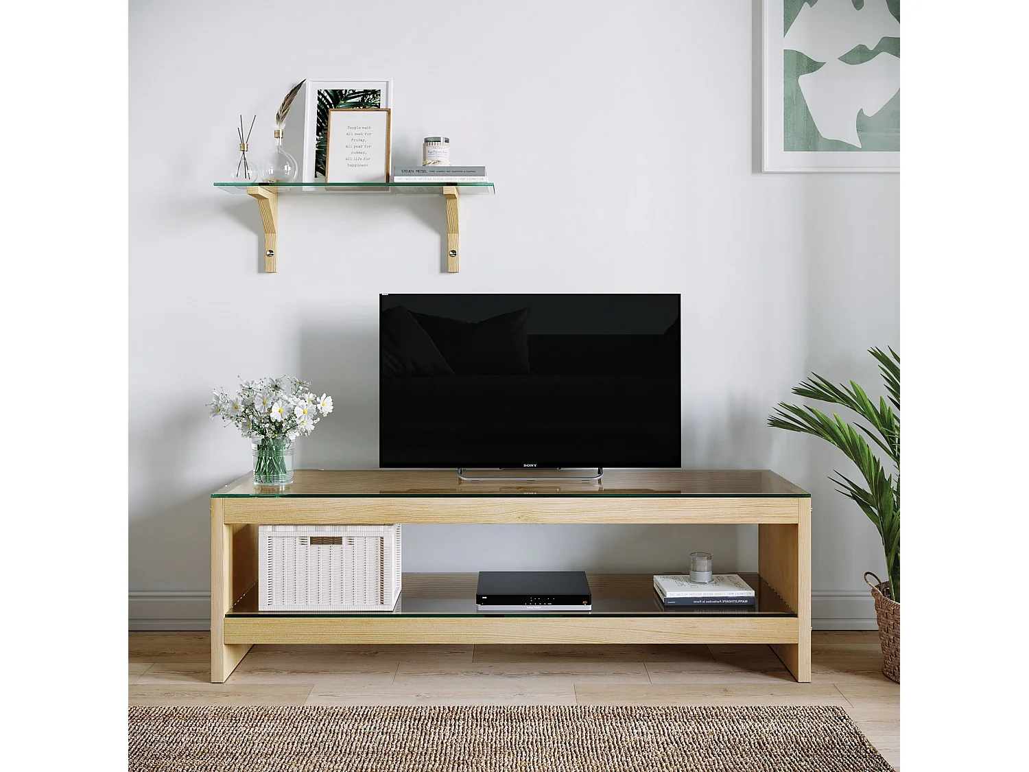 Moderne eikenhouten tv-kast met wandplank, 100% massief grenenhout en gehard glas, 140x45x40 cm | Elegant Scandinavisch design, maximaal gewicht 20 kg