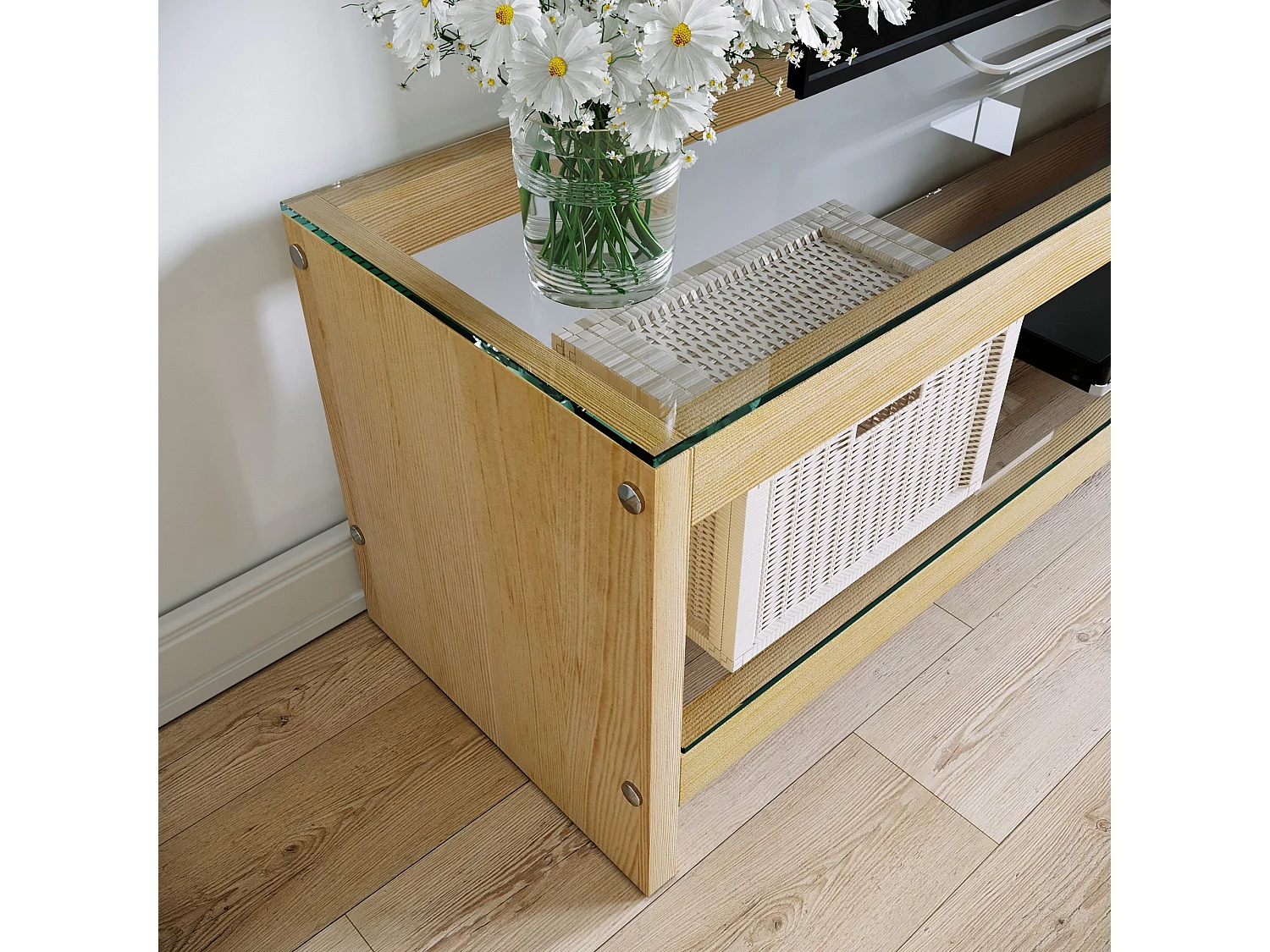 Moderne eikenhouten tv-kast met wandplank, 100% massief grenenhout en gehard glas, 140x45x40 cm | Elegant Scandinavisch design, maximaal gewicht 20 kg