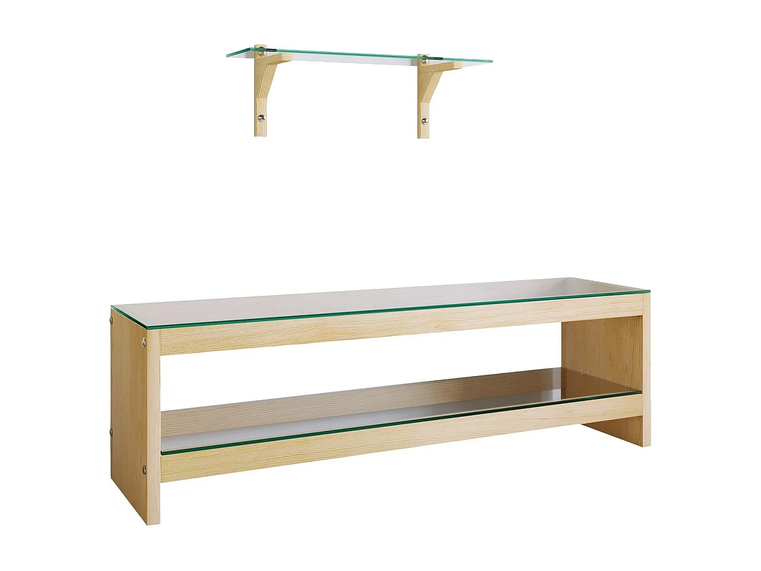 Moderne eikenhouten tv-kast met wandplank, 100% massief grenenhout en gehard glas, 140x45x40 cm | Elegant Scandinavisch design, maximaal gewicht 20 kg