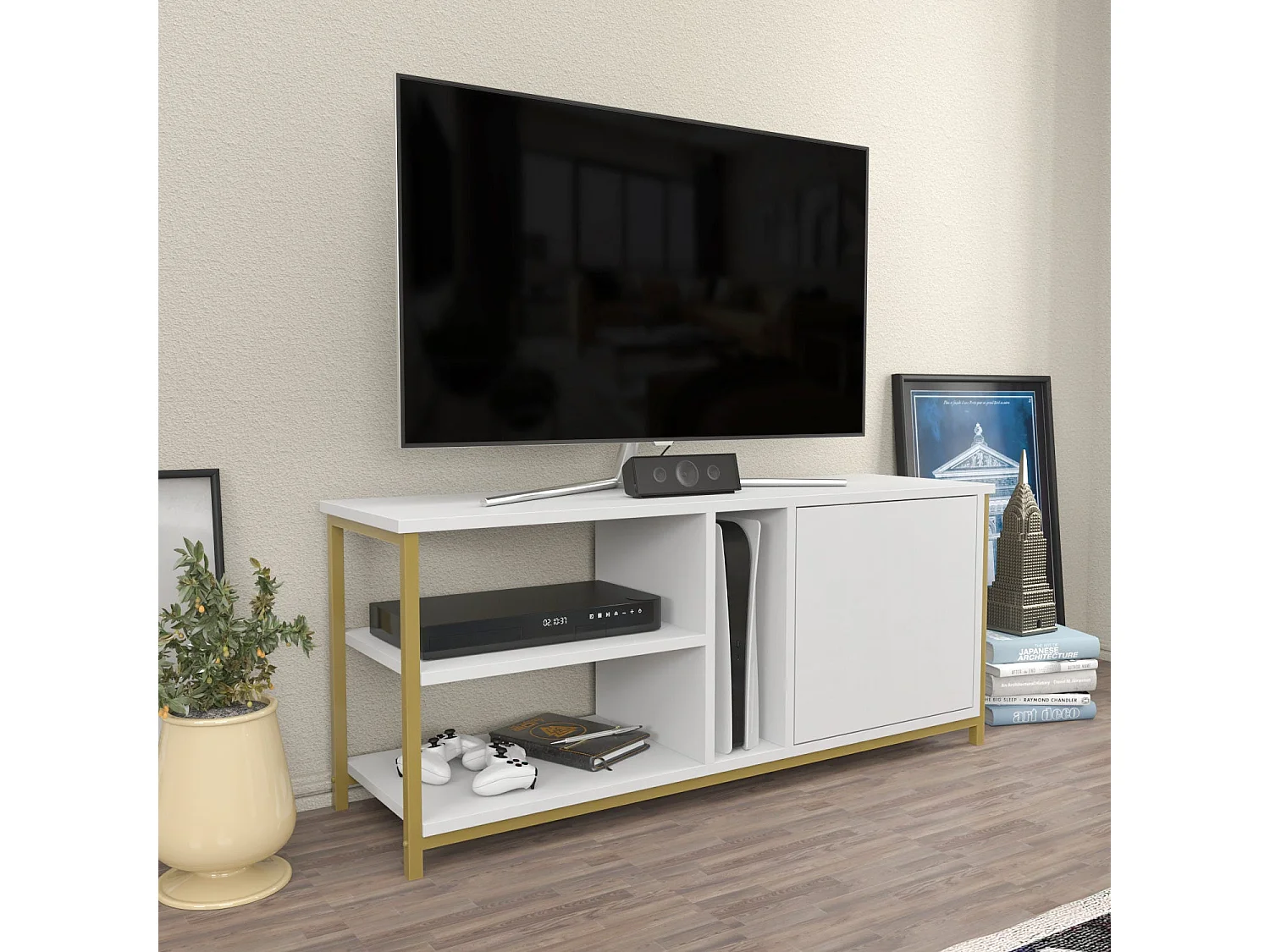 Meuble TV glamour doré et blanc, 120 x 35,3 x 50,8 cm | Panneau de particules 100 % mélaminé, épaisseur 18 mm | Élégant et fonctionnel pour un salon moderne