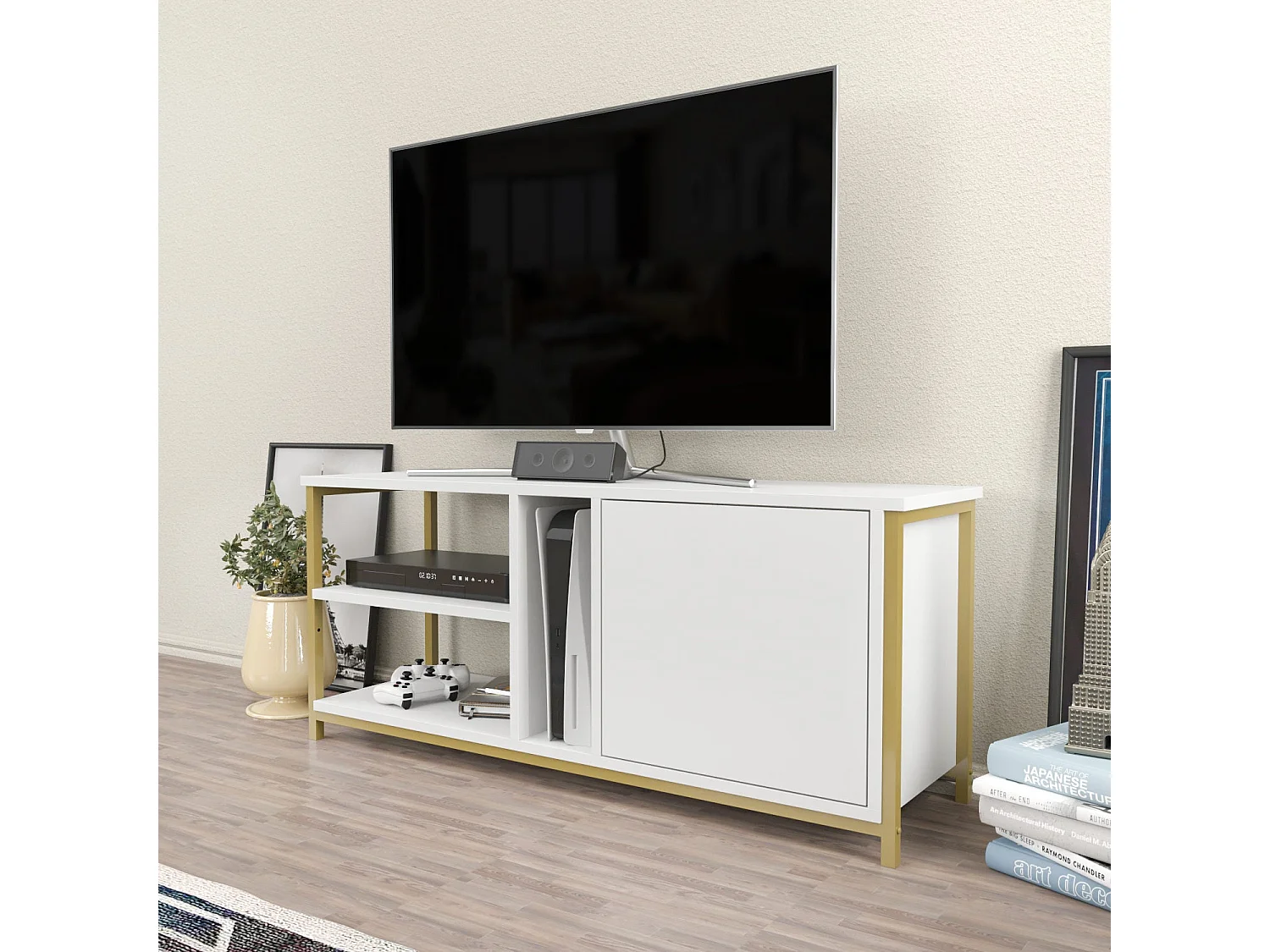 Meuble TV glamour doré et blanc, 120 x 35,3 x 50,8 cm | Panneau de particules 100 % mélaminé, épaisseur 18 mm | Élégant et fonctionnel pour un salon moderne