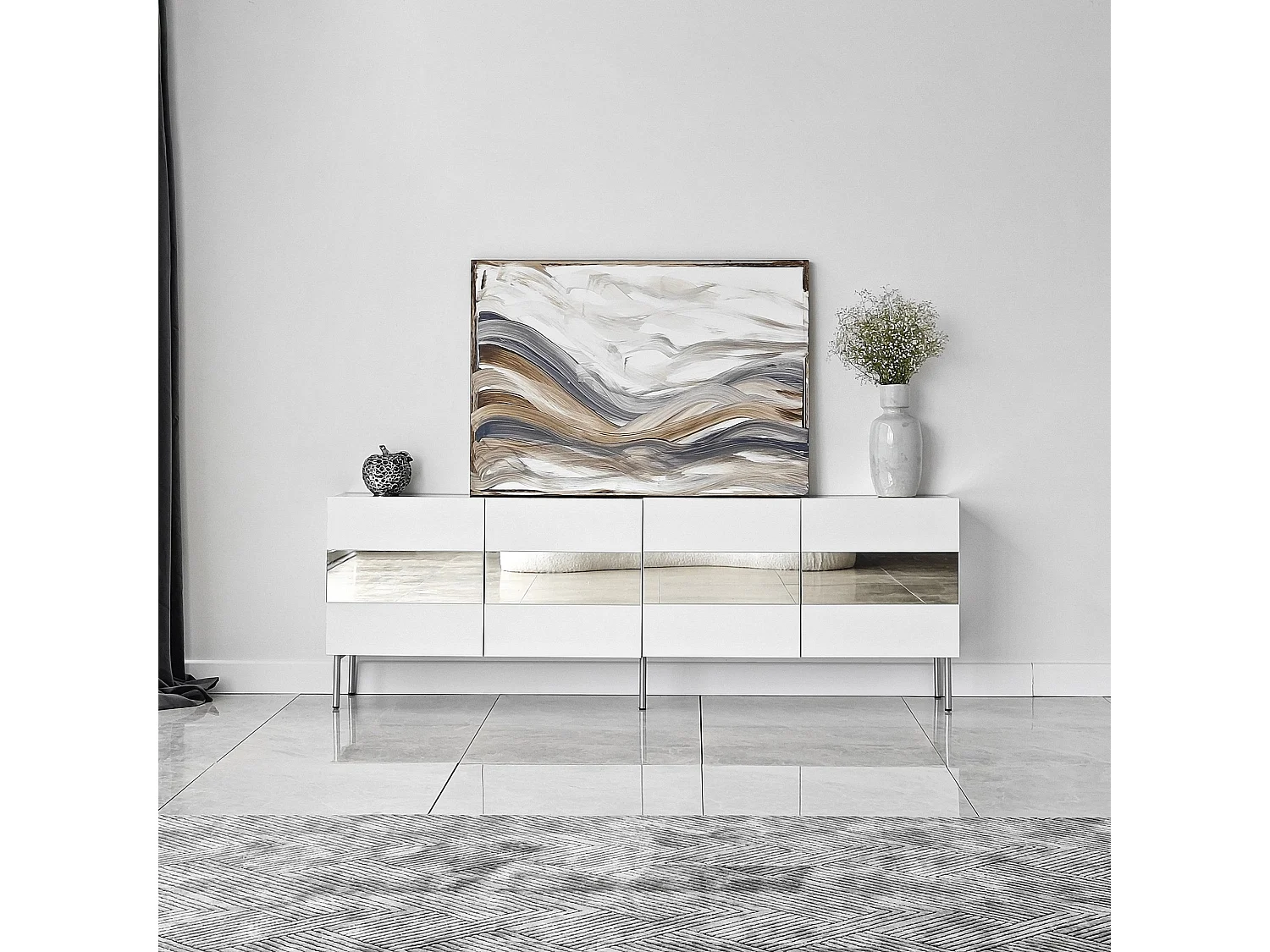 Meuble TV élégant, largeur 180 cm, blanc et argent | Panneau de particules 100 % mélaminé, épaisseur 18 mm | Design moderne pour salons et espaces de divertissement