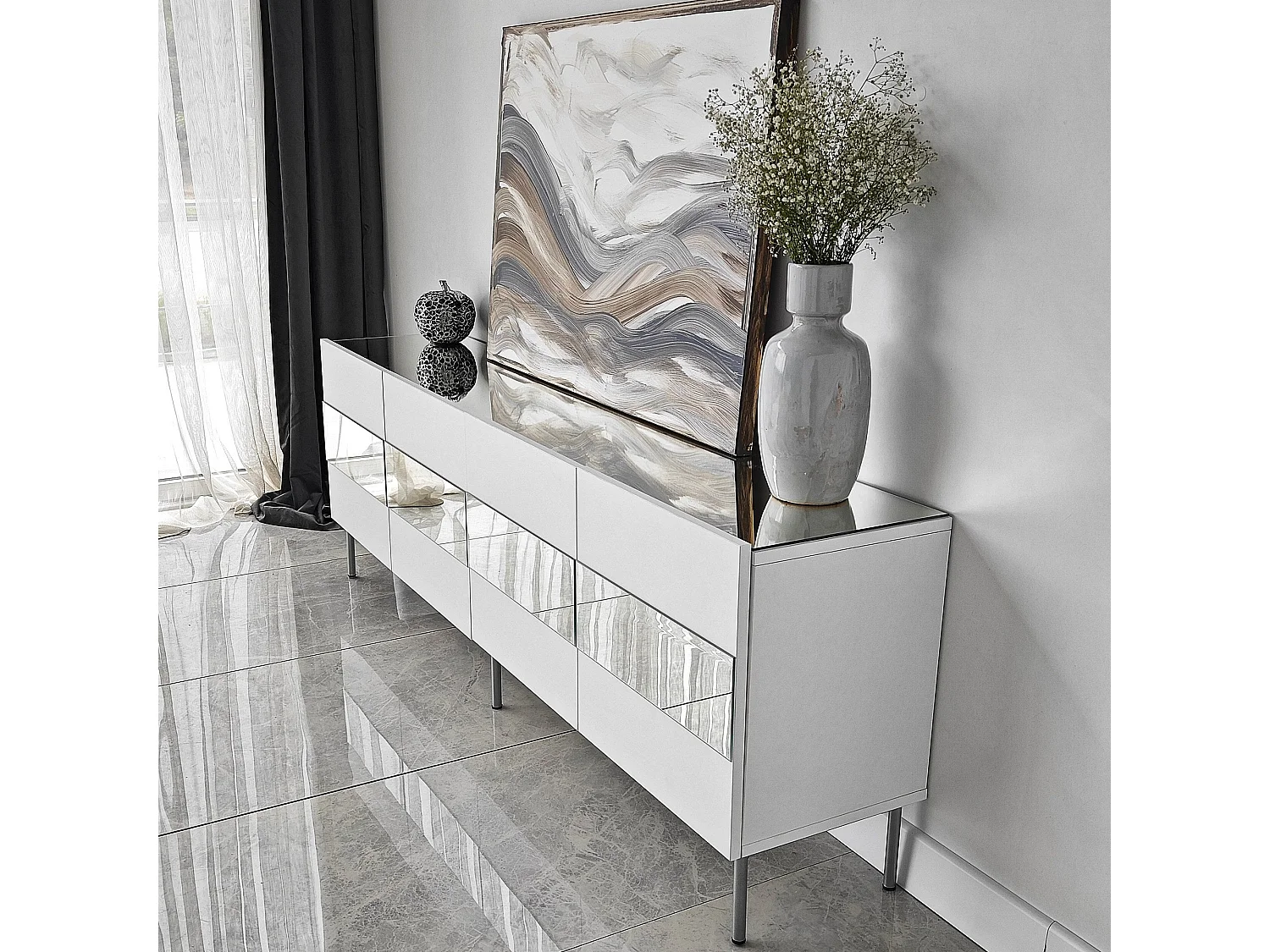 Meuble TV élégant, largeur 180 cm, blanc et argent | Panneau de particules 100 % mélaminé, épaisseur 18 mm | Design moderne pour salons et espaces de divertissement