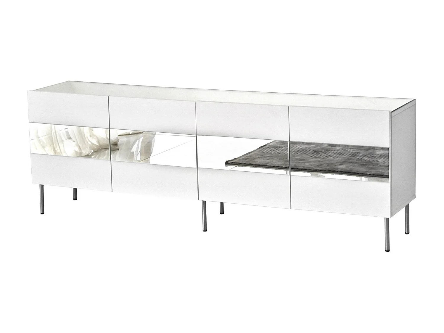 Meuble TV élégant, largeur 180 cm, blanc et argent | Panneau de particules 100 % mélaminé, épaisseur 18 mm | Design moderne pour salons et espaces de divertissement