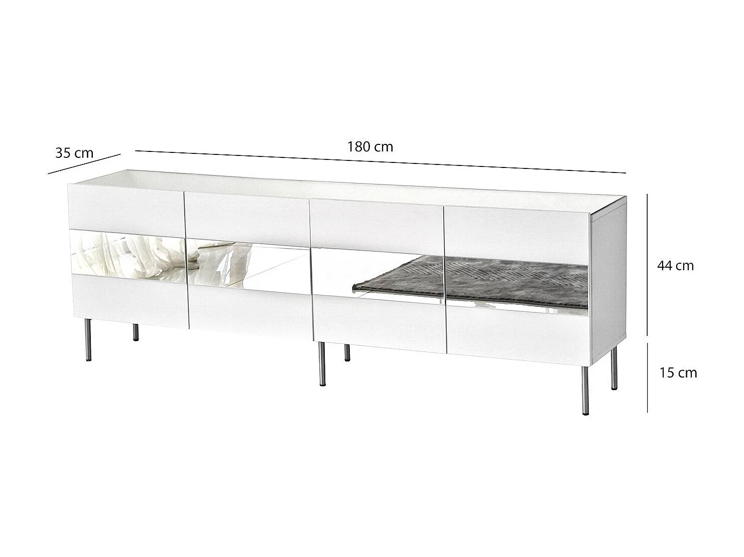 Meuble TV élégant, largeur 180 cm, blanc et argent | Panneau de particules 100 % mélaminé, épaisseur 18 mm | Design moderne pour salons et espaces de divertissement