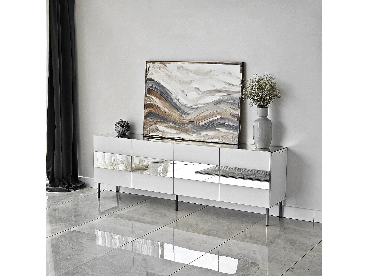 Meuble TV élégant, largeur 180 cm, blanc et argent | Panneau de particules 100 % mélaminé, épaisseur 18 mm | Design moderne pour salons et espaces de divertissement