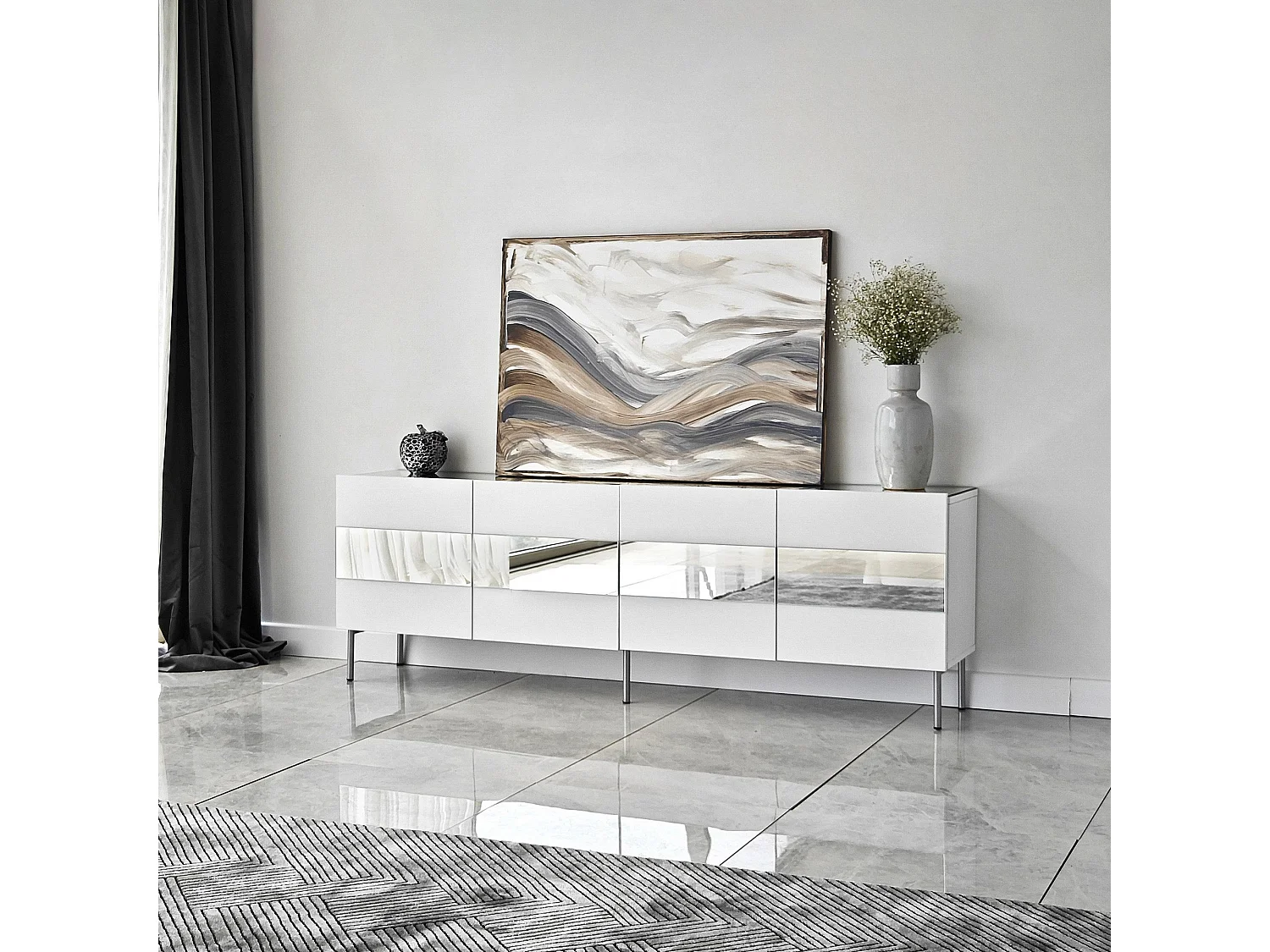 Meuble TV élégant, largeur 180 cm, blanc et argent | Panneau de particules 100 % mélaminé, épaisseur 18 mm | Design moderne pour salons et espaces de divertissement