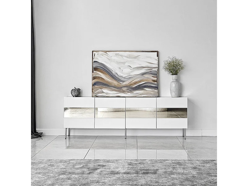 Meuble TV élégant, largeur 180 cm, blanc et argent | Panneau de particules 100 % mélaminé, épaisseur 18 mm | Design moderne pour salons et espaces de divertissement