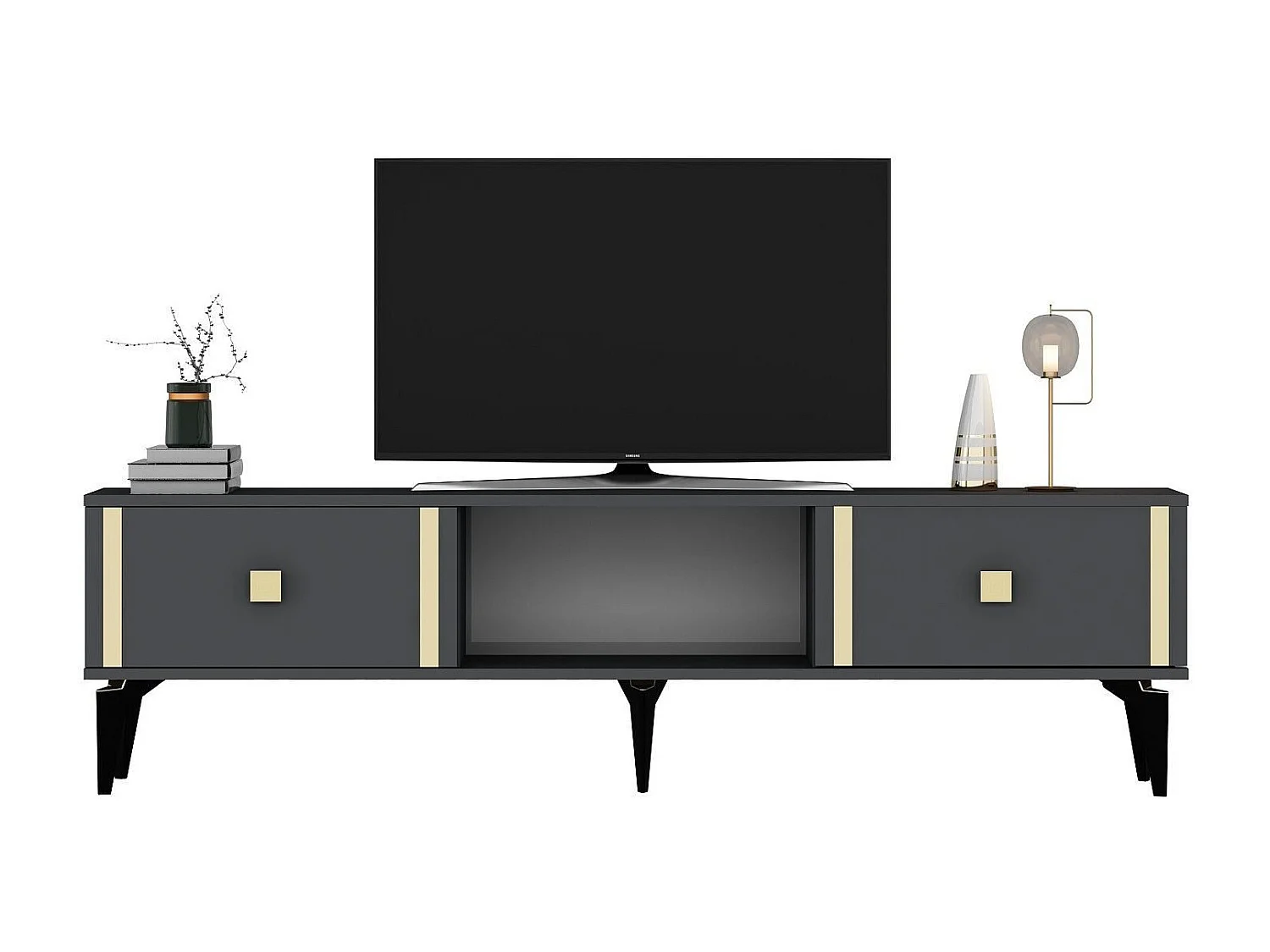 TV-Ständer – 150 cm x 44,6 cm x 29,6 cm – Anthrazit und Gold – Melaminbeschichtete Spanplatte