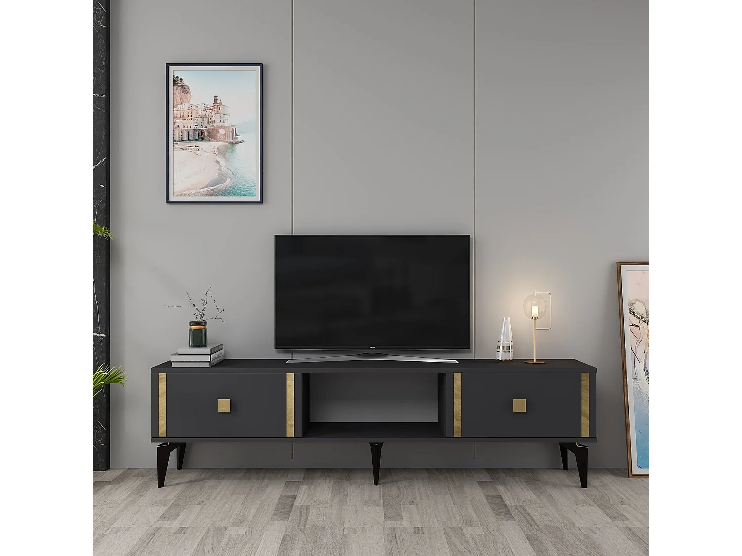TV-Ständer – 150 cm x 44,6 cm x 29,6 cm – Anthrazit und Gold – Melaminbeschichtete Spanplatte