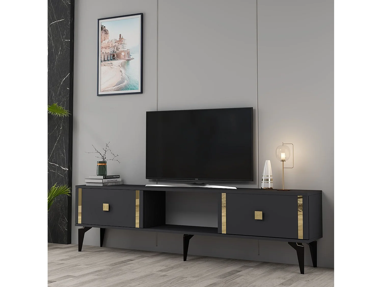 TV-Ständer – 150 cm x 44,6 cm x 29,6 cm – Anthrazit und Gold – Melaminbeschichtete Spanplatte