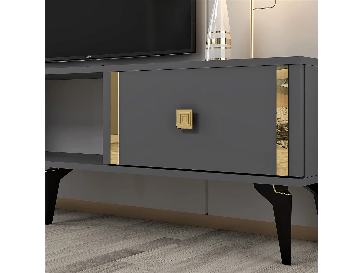 TV-Ständer – 150 cm x 44,6 cm x 29,6 cm – Anthrazit und Gold – Melaminbeschichtete Spanplatte