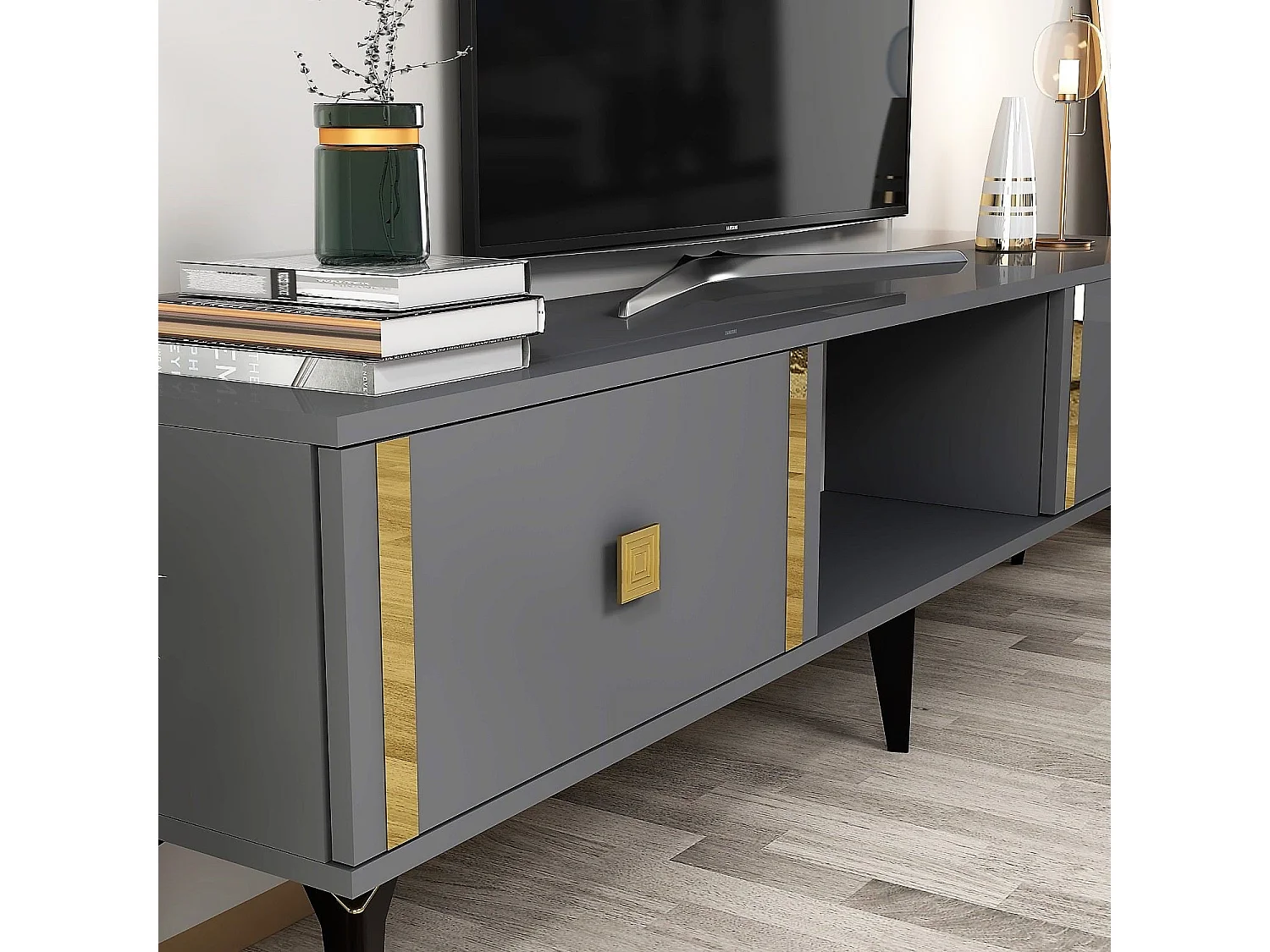 TV-Ständer – 150 cm x 44,6 cm x 29,6 cm – Anthrazit und Gold – Melaminbeschichtete Spanplatte