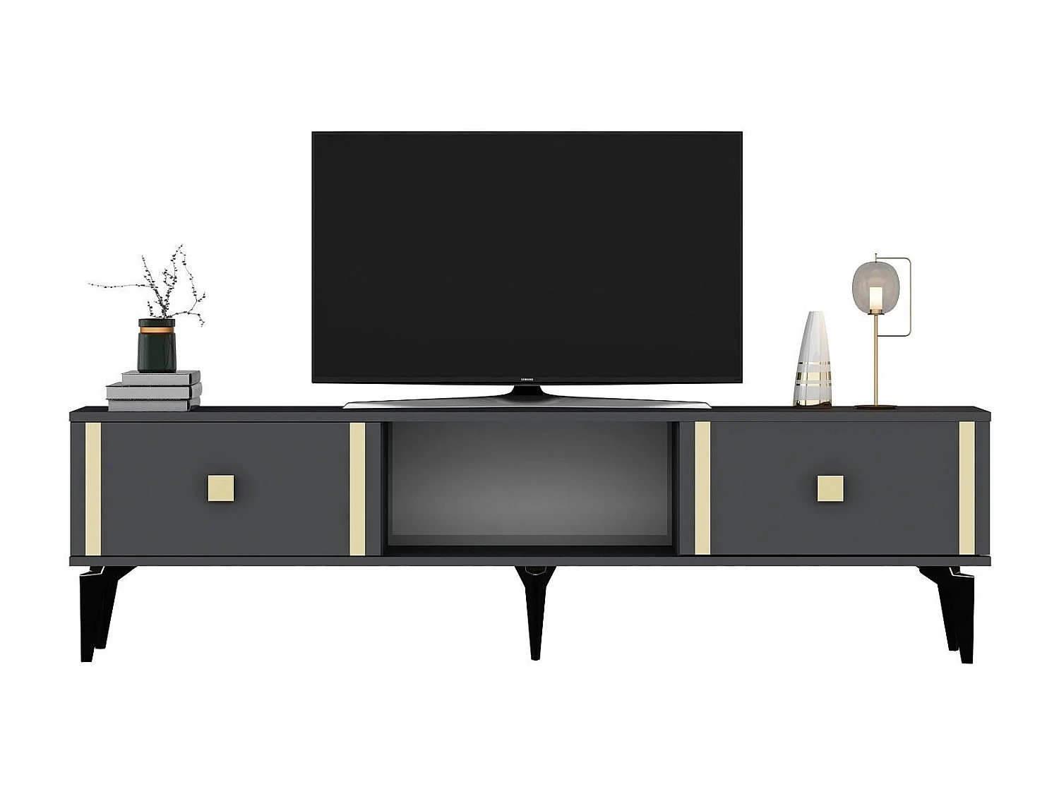 TV-Ständer – 150 cm x 44,6 cm x 29,6 cm – Anthrazit und Gold – Melaminbeschichtete Spanplatte