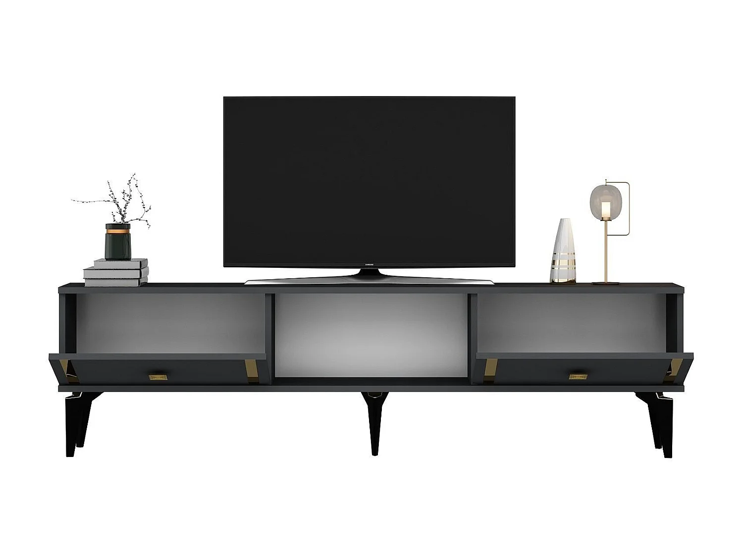 TV-Ständer – 150 cm x 44,6 cm x 29,6 cm – Anthrazit und Gold – Melaminbeschichtete Spanplatte