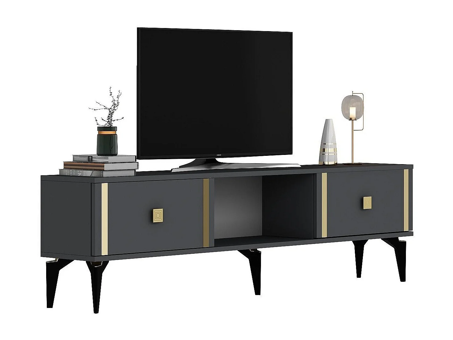 TV-Ständer – 150 cm x 44,6 cm x 29,6 cm – Anthrazit und Gold – Melaminbeschichtete Spanplatte