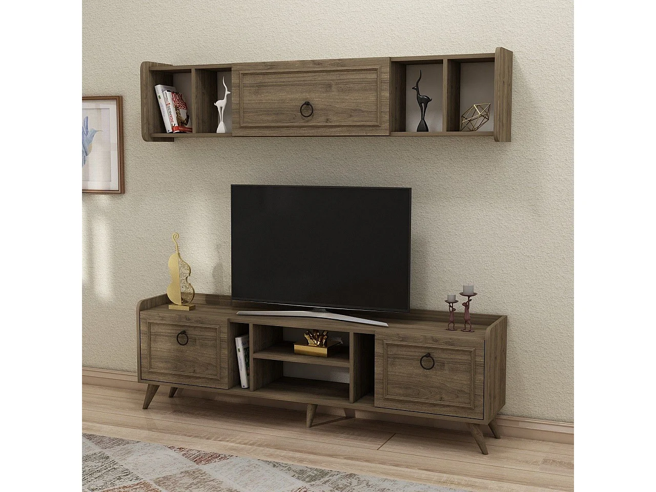 Ensemble meuble TV et étagère murale Diala Bois foncé et Noir