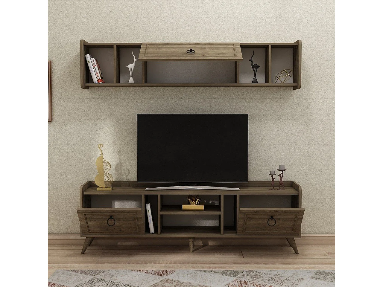 Ensemble meuble TV et étagère murale Diala Bois foncé et Noir