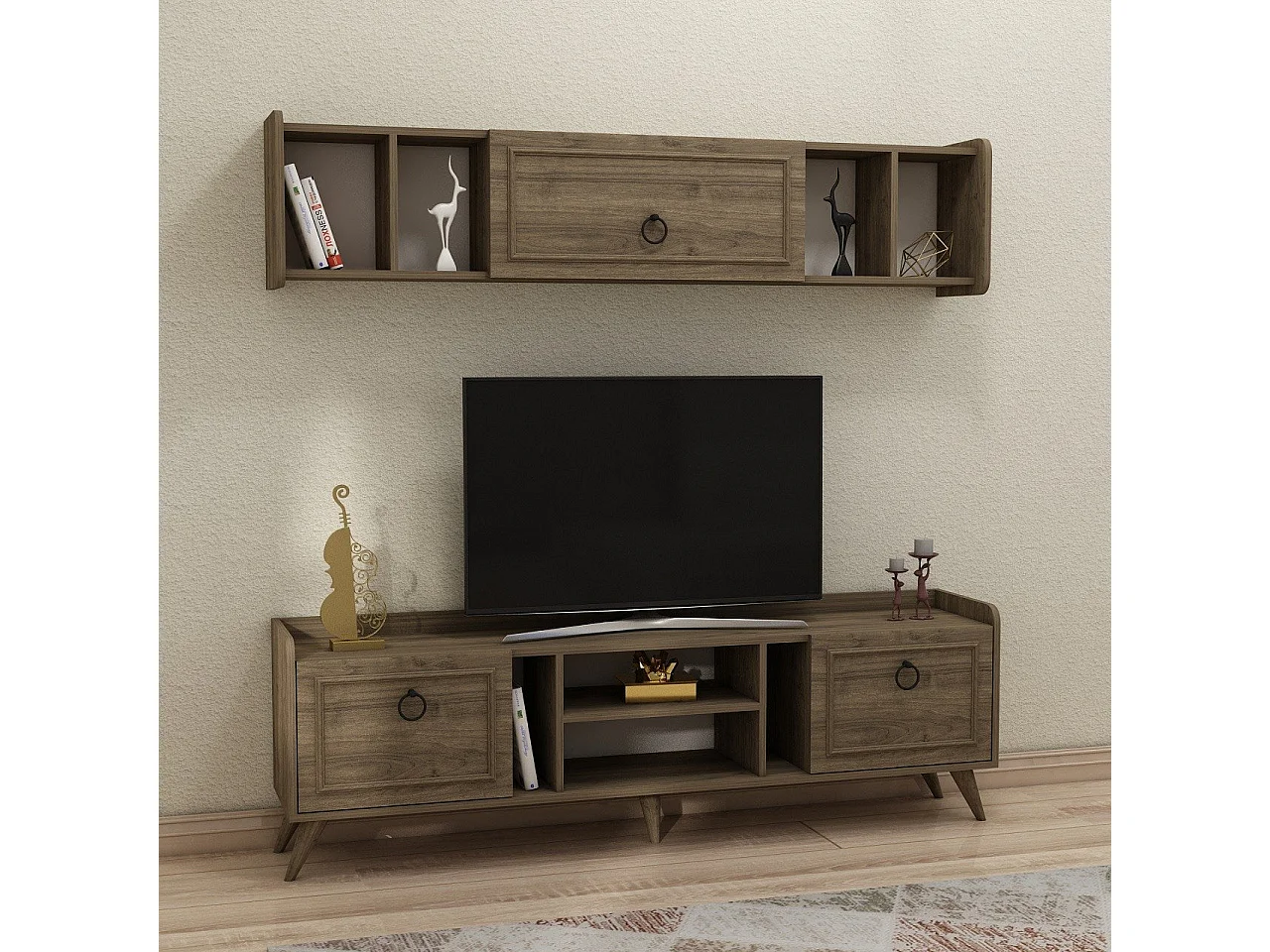 Ensemble meuble TV et étagère murale Diala Bois foncé et Noir