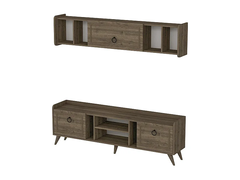 Ensemble meuble TV et étagère murale Diala Bois foncé et Noir