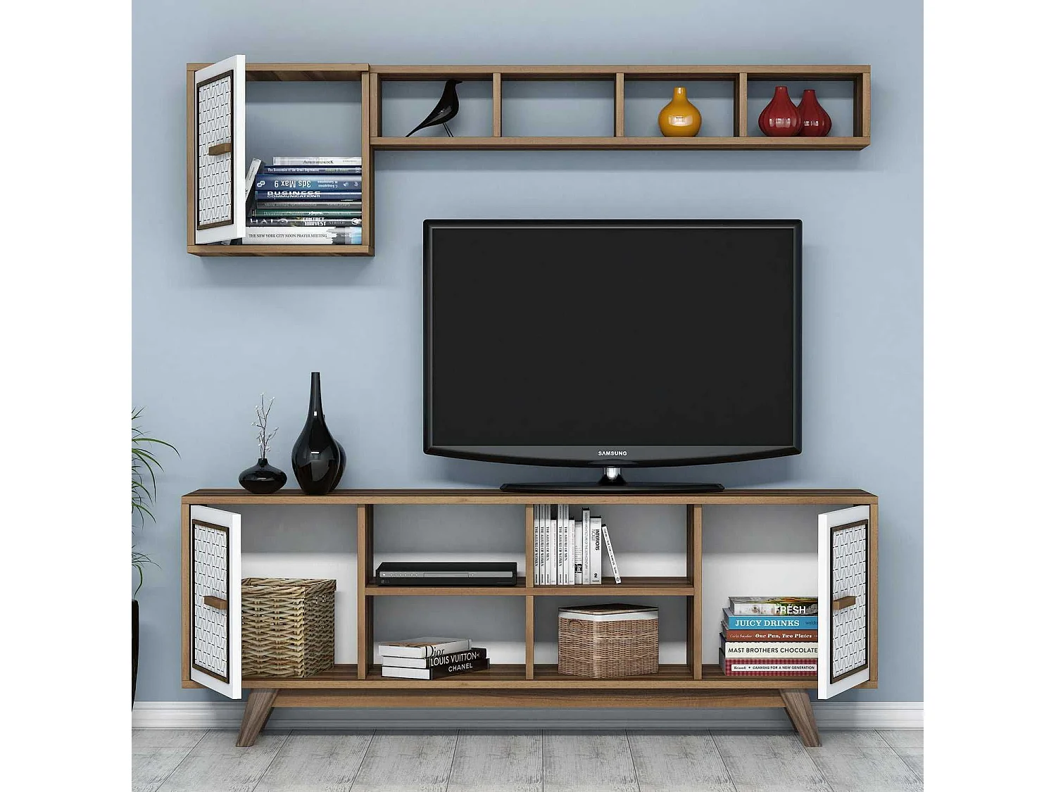 Mobile porta TV moderno con mensola a muro – 160 cm – noce e bianco – pannello di particelle rivestito in melaminico