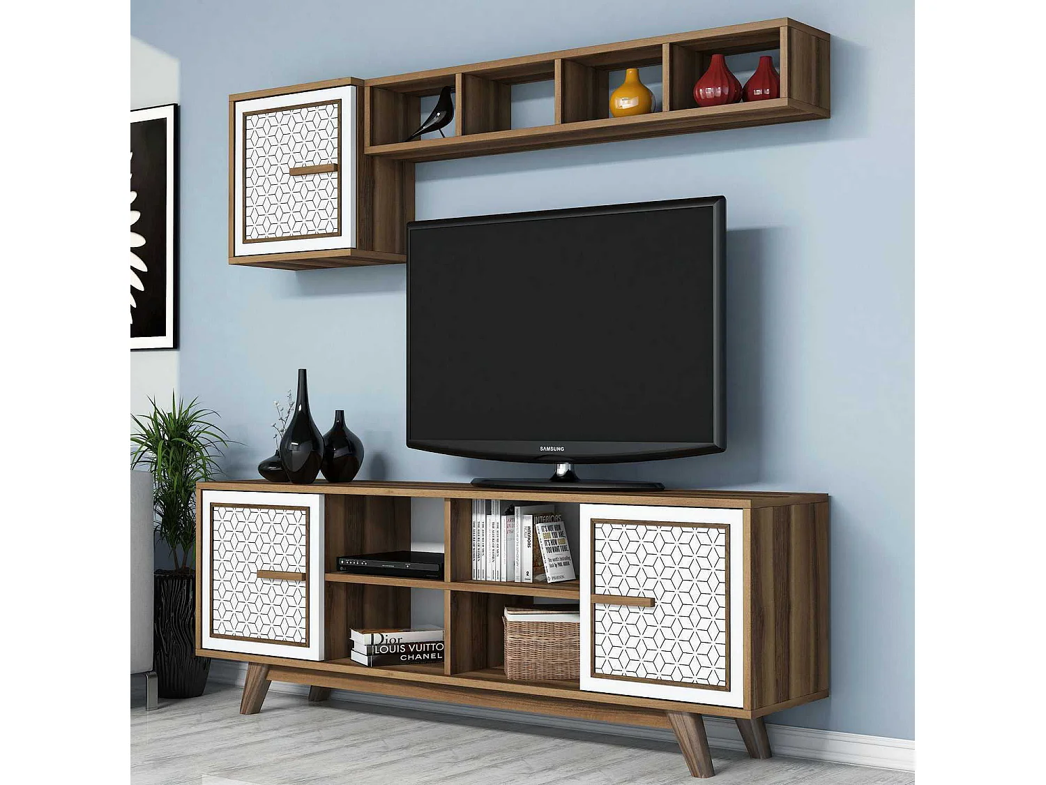 Mobile porta TV moderno con mensola a muro – 160 cm – noce e bianco – pannello di particelle rivestito in melaminico