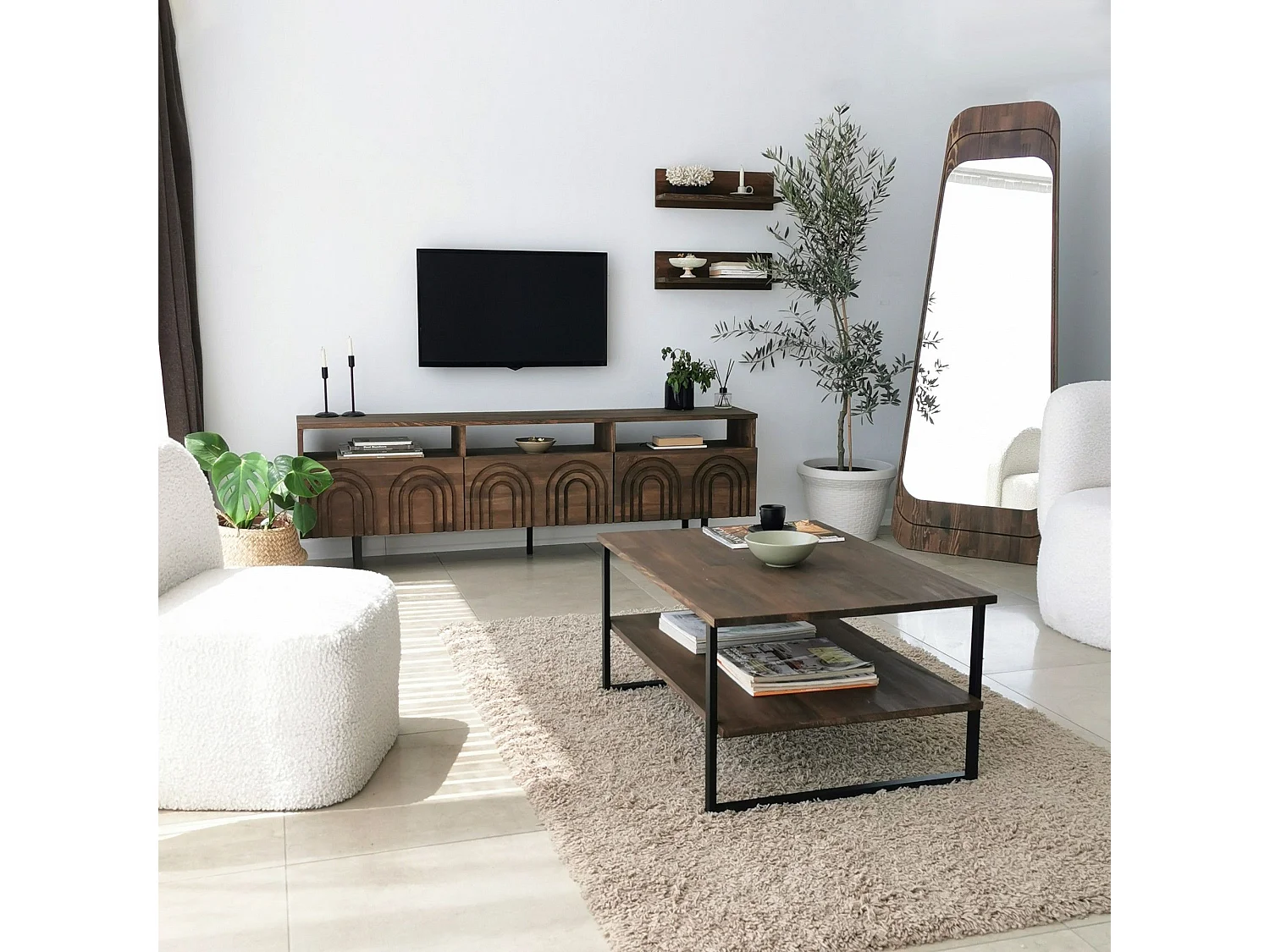 Ensemble meuble TV et 2 étagères murales Encanto Bois massif foncé Motif Arcs